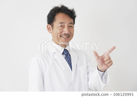 Middle-aged doctor giving a check sign White background Middle-aged doctor giving a check sign White background 106120991