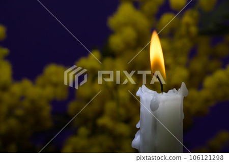 Burning candle and mimosa flowers over dark blue 106121298