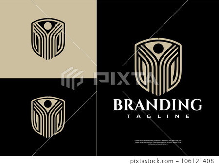Elegance geometric abstract human shield logo design. Luxury line people logo. 106121408