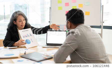 A professional senior Asian businesswoman is having a meeting with an Indian business partner 106121446