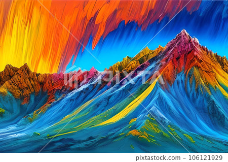 Water color or oil painting fine art illustration of abstract colorful panoramic mountain and nature print digital art. 106121929