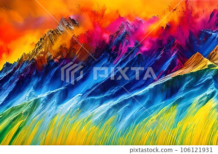 Water color or oil painting fine art illustration of abstract colorful panoramic mountain and nature print digital art. 106121931