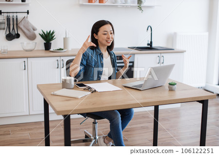 Freelancer talking to colleague on web conference via laptop 106122251