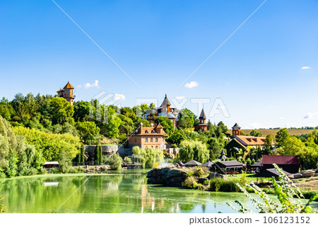 Photography on theme ancient brick castle with large tower 106123152