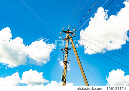 Power electric pole with line wire on colored background close up 106123154