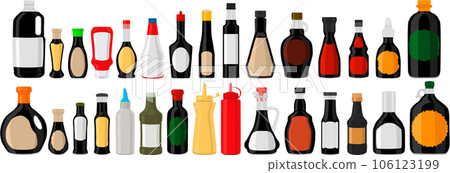 big kit varied glass bottles filled liquid balsamic vinegar 106123199