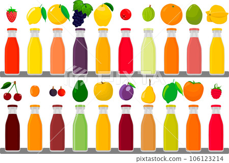 big kit glass bottles with caps filled liquid multicolored fruit juice 106123214