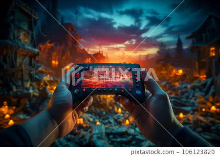 A person watching a video with a remote in hand Generative AI 106123820