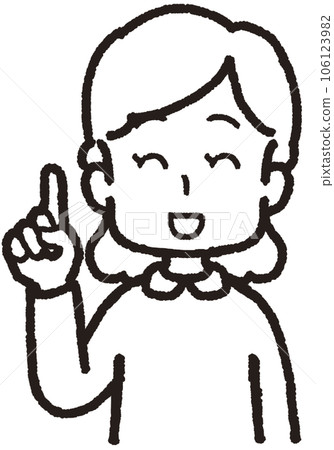 Upper body line drawing illustration of a woman laughing with her right index finger up Upper body line drawing illustration of a woman laughing with her right index finger up 106123982