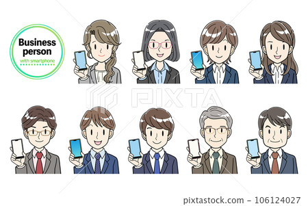 Set illustration of men and women in suits showing smartphone screens 106124027