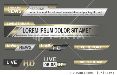 Broadcast News Lower Thirds Template layout gold grey set collection design banner for bar Headline news title, sport game in Television, Video and Media Channel vector 106124363