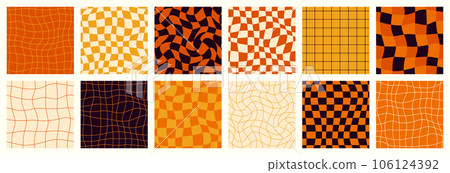 Halloween Checkerboard Seamless Patterns Set. Retro Groovy Grid Background in 1970s Style. Y2K Wavy Print 106124392