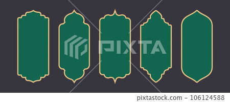 Ramadan frame shapes. Golden border with pattern for banner. Islamic luxury design elements for decoration Vintage vector templates 106124588