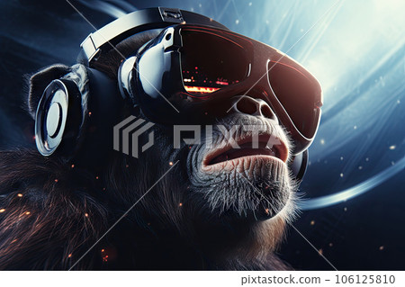 Portrait of Monkey Chimpanzee wearing VR glasses head set or AR technology, Virtual reality background concept, Digital and technology of simulator world, with Generative Ai. 106125810