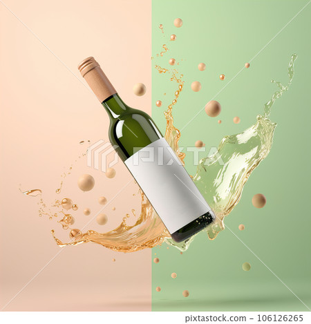 Wine bottle mockup with blank white label, bottle of white wine in liquid splash on green studio background, commercial wine label template Wine bottle mockup with blank white label, bottle of white wine in liquid splash on green studio background, commercial wine label template 106126265