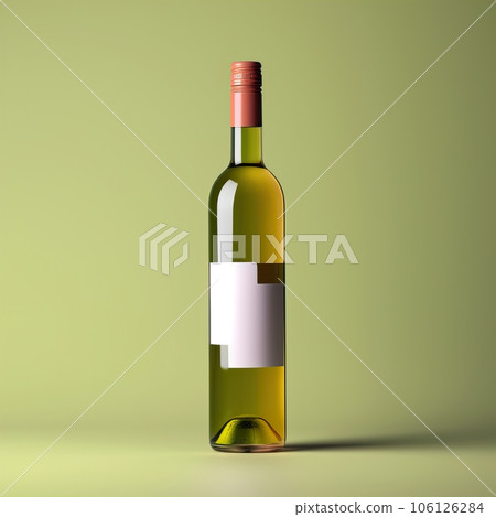 Wine bottle mockup with blank white label, bottle of white grape wine on green studio background, commercial wine label template 106126284
