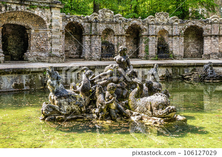 Fountain in the Low Grotto pond in the park of Historical Hermitage at Bayreuth, Bavaria, Germany 106127029