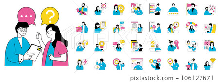 Teamwork concept with character situations mega set. Bundle of scenes people brainstorming, discussion tasks, creating business vision, colleague chat, other. Vector illustrations in flat web design Teamwork concept with character situations mega set. Bundle of scenes people brainstorming, discussion tasks, creating business vision, colleague chat, other. Vector illustrations in flat web design 106127671