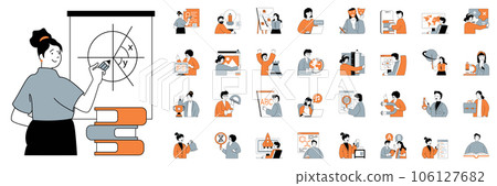 Education concept with character situations mega set. Bundle of scenes people learning math, study in school or university, read books, making research, other. Vector illustrations in flat web design 106127682