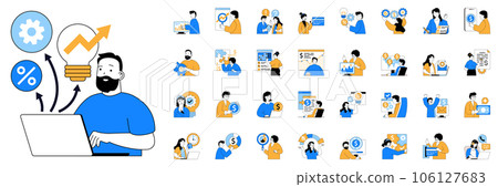 Business and finance concept with character situations mega set. Bundle of scenes people analyzing data, discussing strategy, get financial growth and other. Vector illustrations in flat web design 106127683