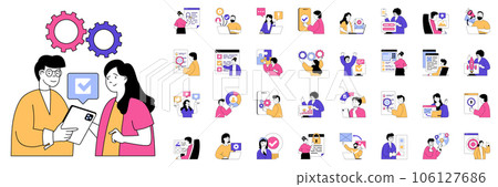 Marketing and development concept with character situations mega set. Bundle of scenes people creating promotion strategy, chatting with client, mailing, other. Vector illustrations in flat web design 106127686