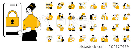 Cyber security concept with character situations mega set. Bundle of scenes people protect personal data, password access, financial account secure and other. Vector illustrations in flat web design Cyber security concept with character situations mega set. Bundle of scenes people protect personal data, password access, financial account secure and other. Vector illustrations in flat web design 106127689
