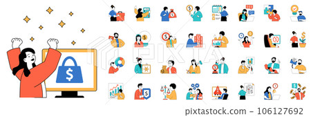 Business concept with character situations mega set. Bundle of scenes people invest money, create strategy, plan tasks, analyze data, earn profit and other. Vector illustrations in flat web design Business concept with character situations mega set. Bundle of scenes people invest money, create strategy, plan tasks, analyze data, earn profit and other. Vector illustrations in flat web design 106127692