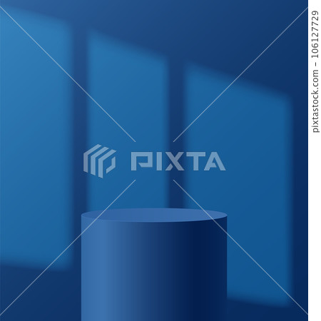 Light podium with shadow from window on wall. Abstract empty room with blue color cylinder stand pedestal. Vector stage for showcase, display presentation. Studio room concept 106127729