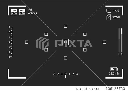 Viewfinder video recording. Camera focusing screen. Black screen camera with video shooting parameters, video quality indicators. Digital zoom recording for modern bloggers, vector illustration Viewfinder video recording. Camera focusing screen. Black screen camera with video shooting parameters, video quality indicators. Digital zoom recording for modern bloggers, vector illustration 106127730