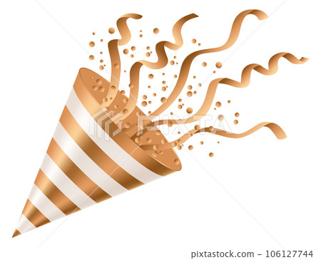 Party poppers with spraying confetti and streamer. Golden festive decoration element of paper cone and tinsel isolated on white background. Vector holiday event attribute 106127744