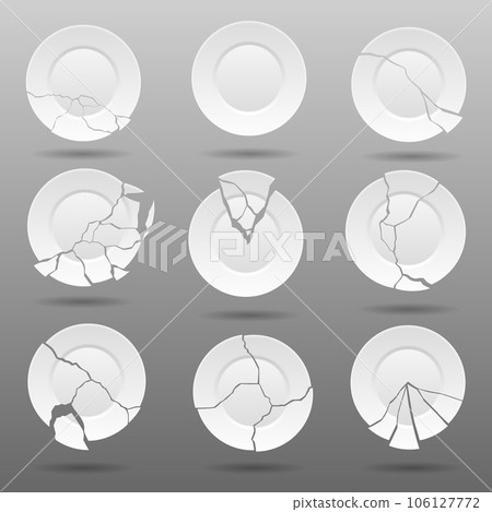 Broken white plates with varying degrees of damage and one whole plate mockup. Shattered food plate. Dishware with damage. Icon isolated on white background. Vector illustration 106127772