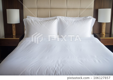 hotel-style bed with crisp white sheets 106127857