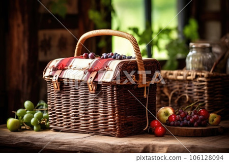 wicker picnic basket on a wooden table with rustic background wicker picnic basket on a wooden table with rustic background 106128094