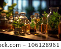 Plants in flasks. Experiments. Laboratory. Generative AI technology. 106128961