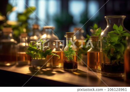 Plants in flasks. Experiments. Laboratory. Generative AI technology. 106128961