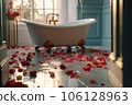 Rose petals in the bathroom. Romance. Generative AI technology. 106128963