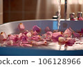 Rose petals in the bathroom. Romance. Generative AI technology. 106128966