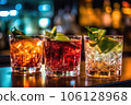 Colorful cocktails on the bar counter. Generative AI technology. 106128968