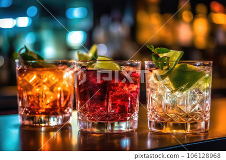 Colorful cocktails on the bar counter. Generative AI technology. 106128968