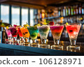 Colorful cocktails on the bar counter. Generative AI technology. 106128971