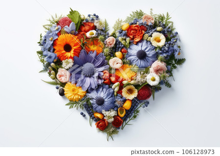 A heart of flowers on a white background. Generative AI technology. 106128973