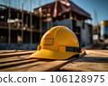 Yellow construction helmet on the background of a house under construction. Generative AI technology. 106128975