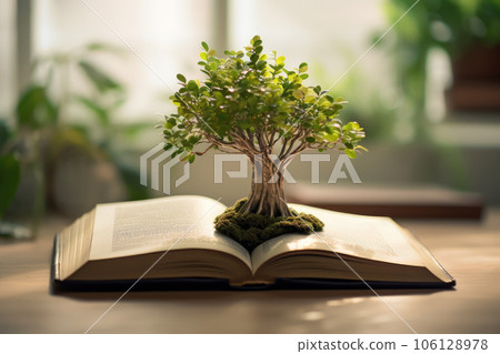 A tree growing out of a book. Generative AI technology. 106128978