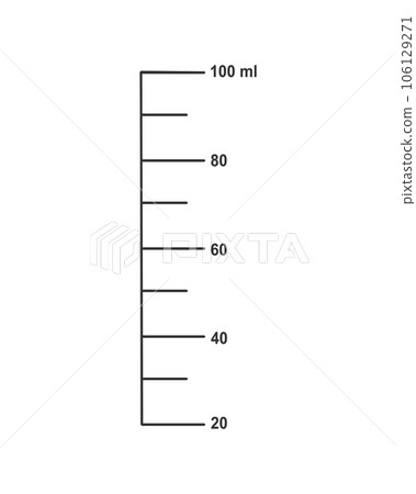 100 ml liquid volume scale for kitchen measuring cups or chemistry flasks isolated on white background. Vector outline illustration 100 ml liquid volume scale for kitchen measuring cups or chemistry flasks isolated on white background. Vector outline illustration 106129271