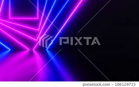 Abstract dark room with led light illumination 3d render. Nightclub stage, modern art gallery interior design with neon glow lamps. Futuristic background for space game, mockup banner. 3D illustration Abstract dark room with led light illumination 3d render. Nightclub stage, modern art gallery interior design with neon glow lamps. Futuristic background for space game, mockup banner. 3D illustration 106129715