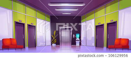 Office corridor interior with doors and elevator 106129956
