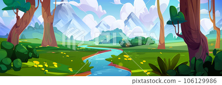 Forest river near mountain nature landscape vector 106129986