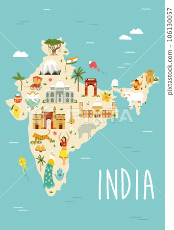 Illustrated map of India with famous landmarks, symbols and animals. 106130057