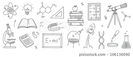 Doodle science, education school icon. Hand drawn sketch style doodle science background. School chemistry, physics education, biology concept icon. Hand drawn line vector 106130090