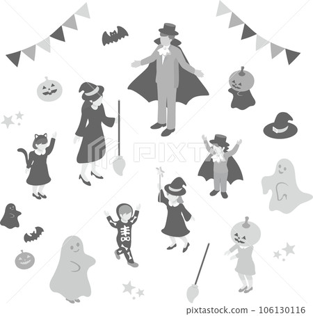 Isometric person family Halloween costume cosplay cute simple illustration material monochrome 106130116